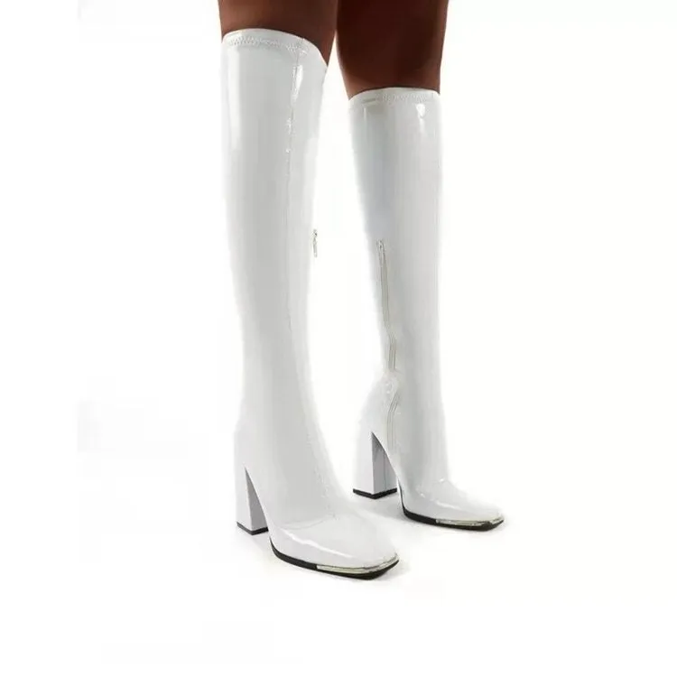 Women high heel chunky solid color square toed knee high boots