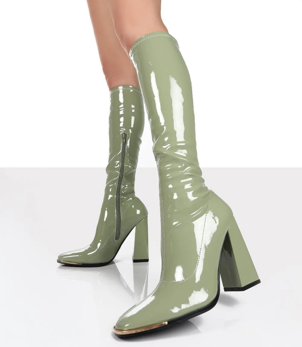 Women high heel chunky solid color square toed knee high boots