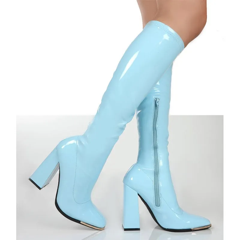 Women high heel chunky solid color square toed knee high boots