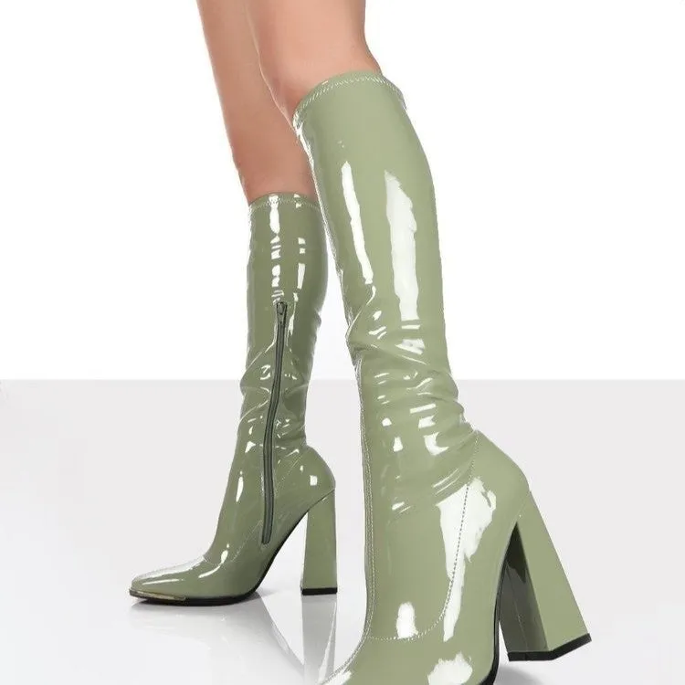 Women high heel chunky solid color square toed knee high boots