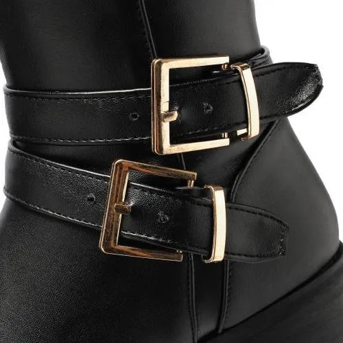 Women knee high side zipper buckle strap solid color motorcycle boots