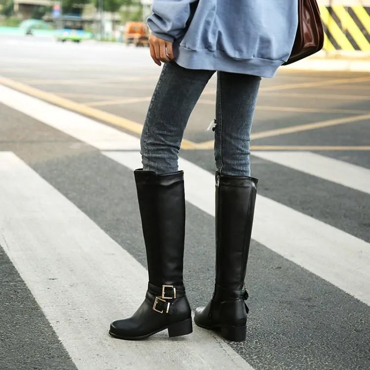 Women knee high side zipper buckle strap solid color motorcycle boots