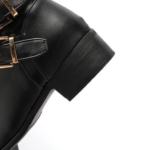 Women knee high side zipper buckle strap solid color motorcycle boots