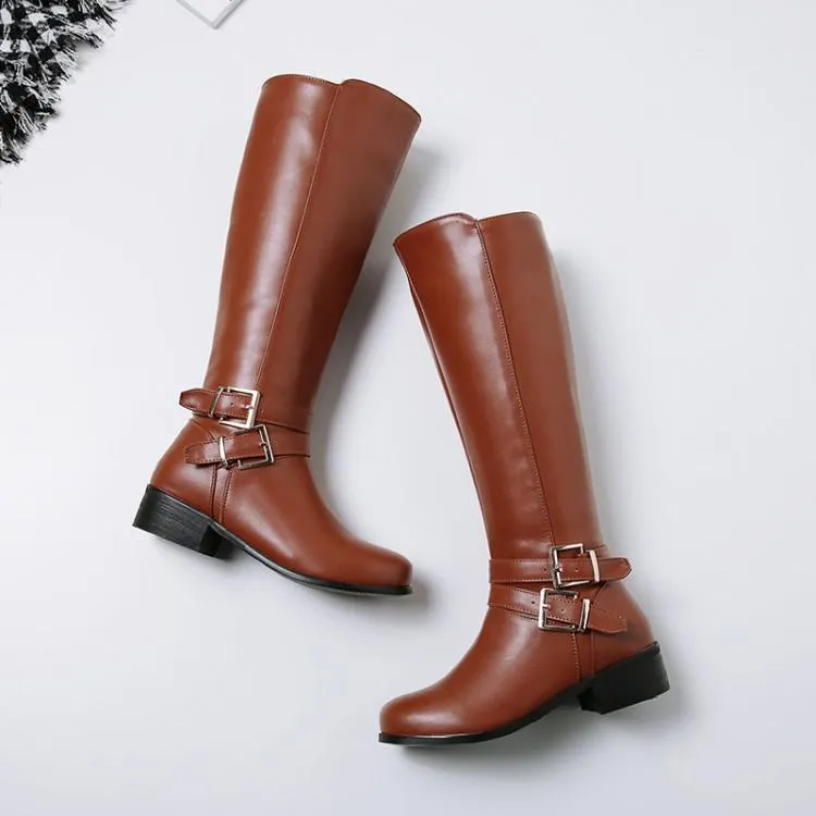 Women knee high side zipper buckle strap solid color motorcycle boots