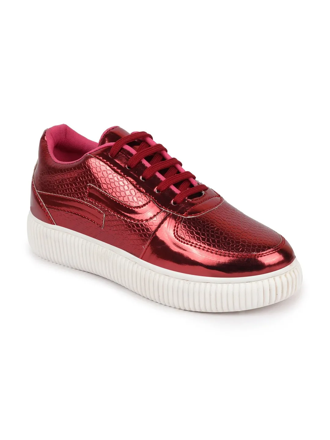 Women Pink Metallic Lace Up Sneakers