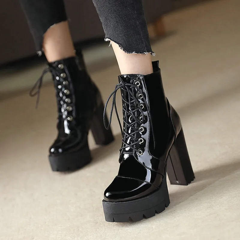 Women platform boots patent leather chunky high heeled booties lace-up