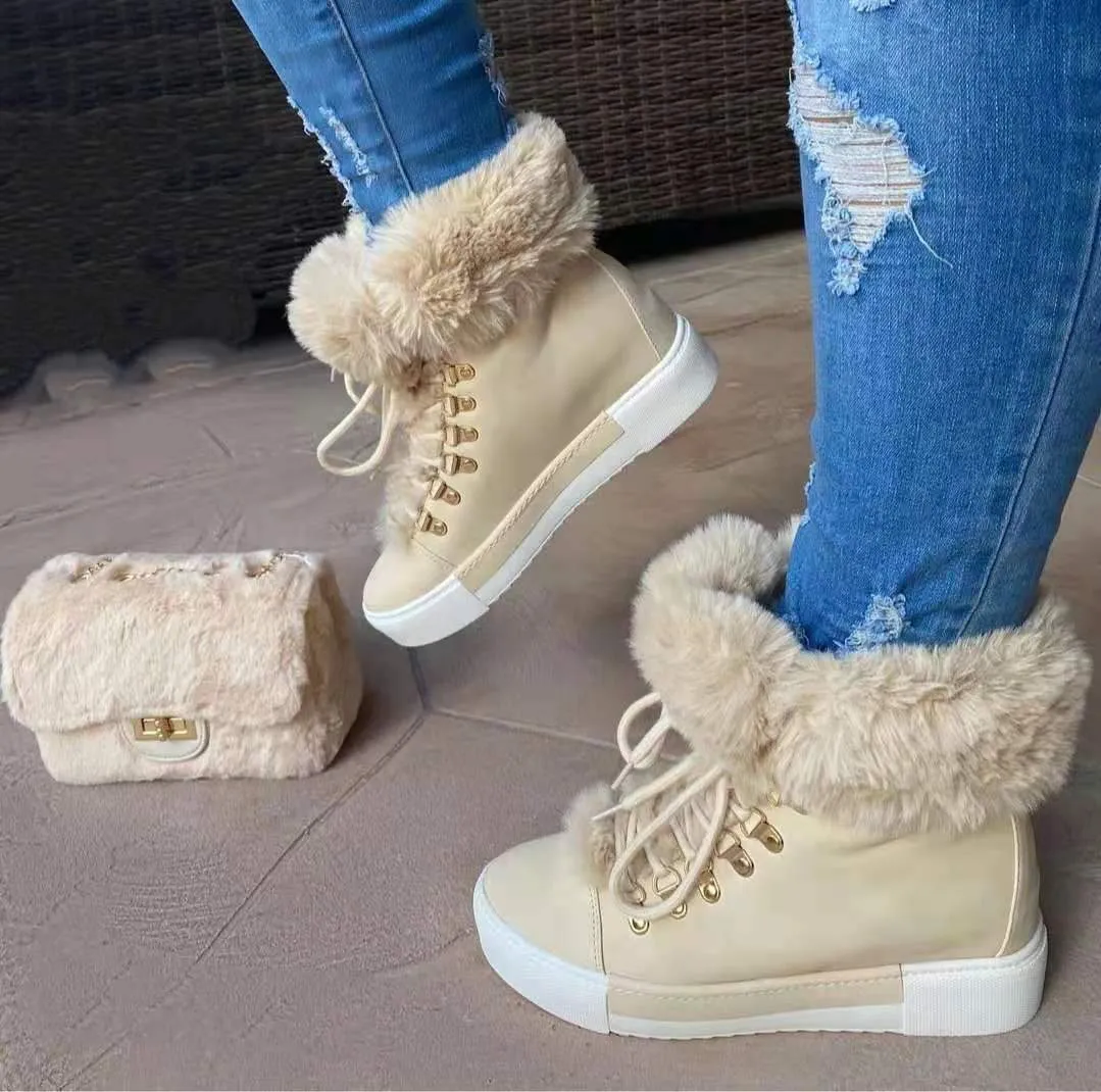 Women platform lace up winter faux fur short snow boots