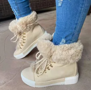 Women platform lace up winter faux fur short snow boots