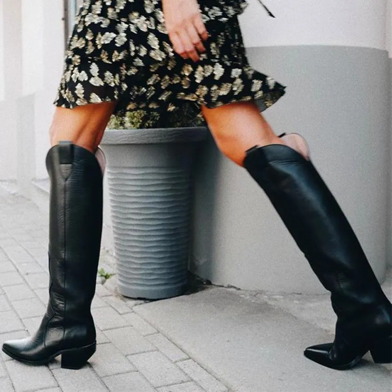 Women pointed toe chunky heel black knee high boots