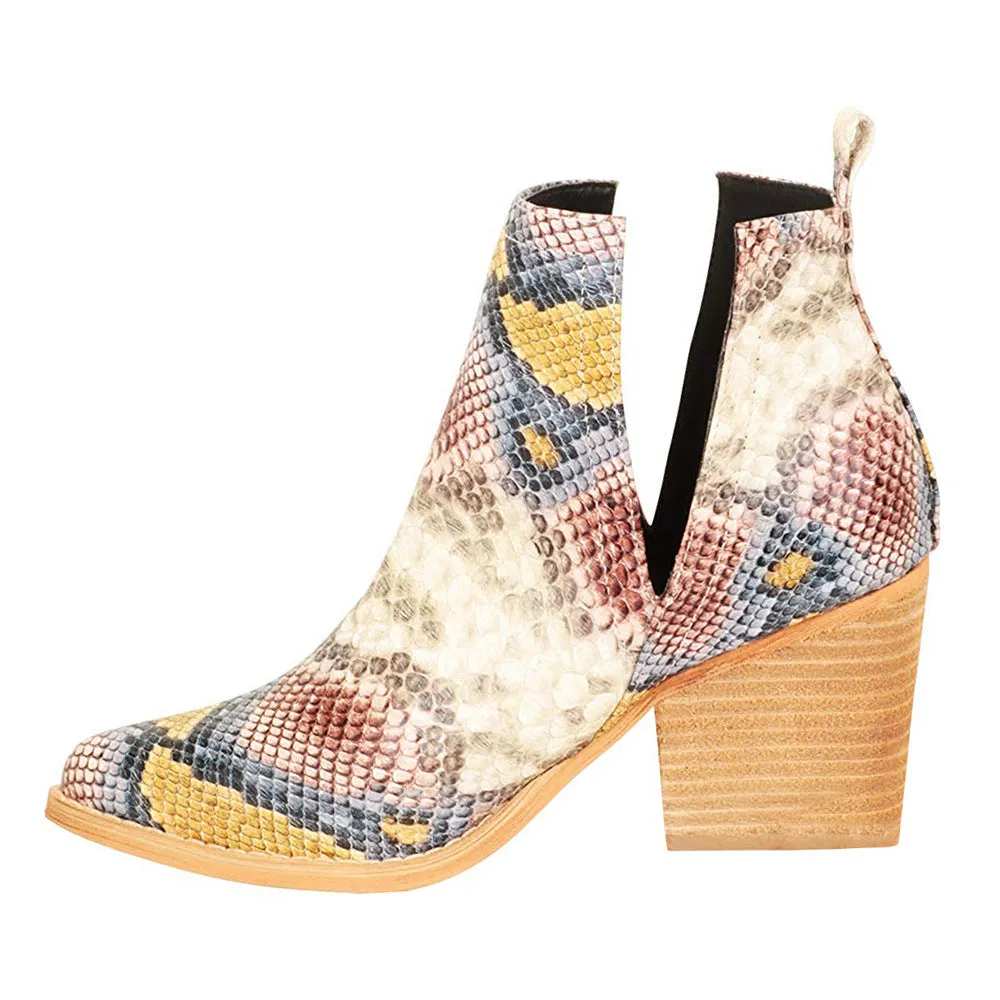 Women pointed toe chunky heel snakeskin embossed hollow ankle boots