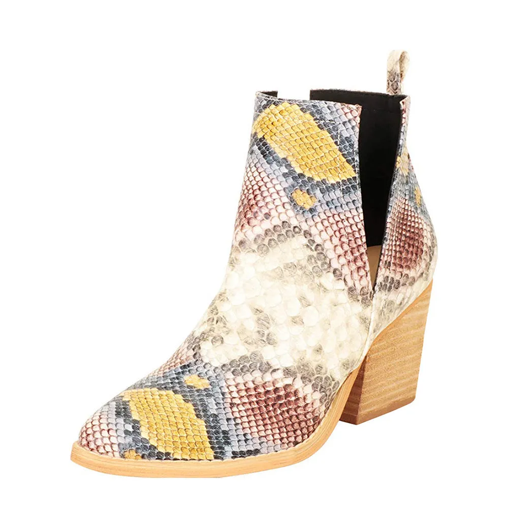 Women pointed toe chunky heel snakeskin embossed hollow ankle boots