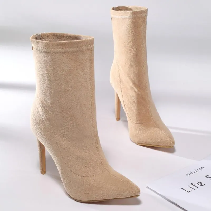 Women sexy faux suede stiletto high heel mid calf boots