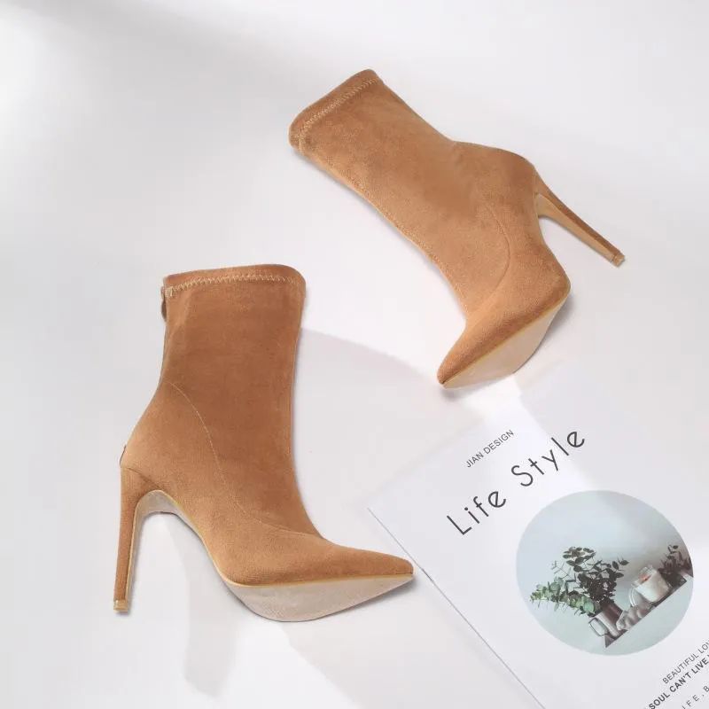 Women sexy faux suede stiletto high heel mid calf boots