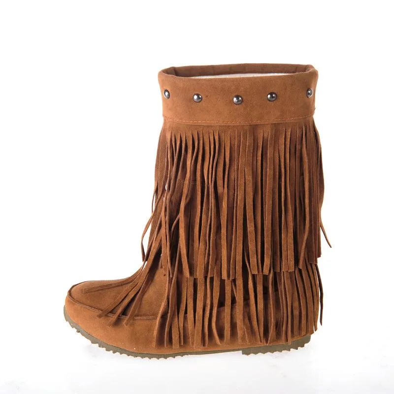 Women studded mid calf slip on fringe boots