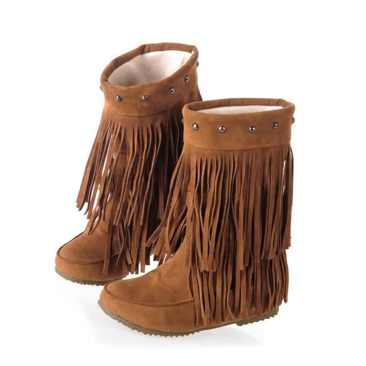 Women studded mid calf slip on fringe boots