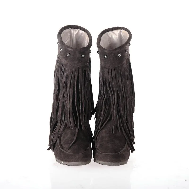 Women studded mid calf slip on fringe boots