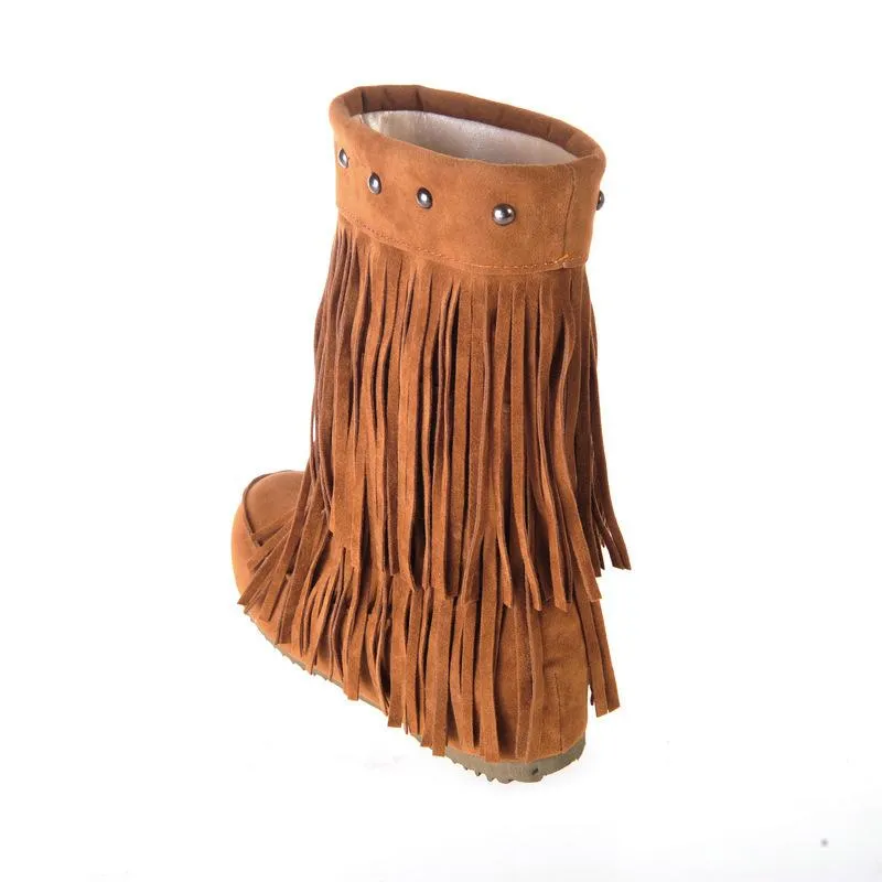 Women studded mid calf slip on fringe boots