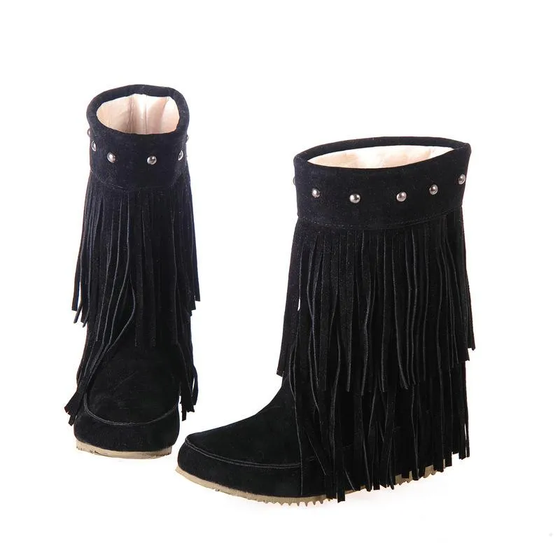 Women studded mid calf slip on fringe boots