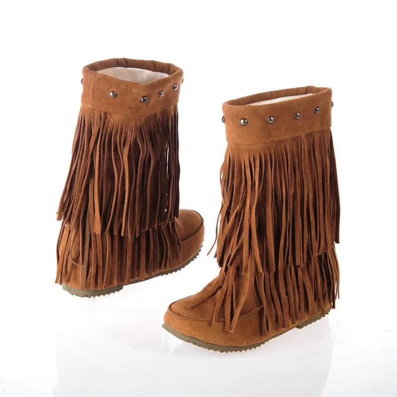 Women studded mid calf slip on fringe boots