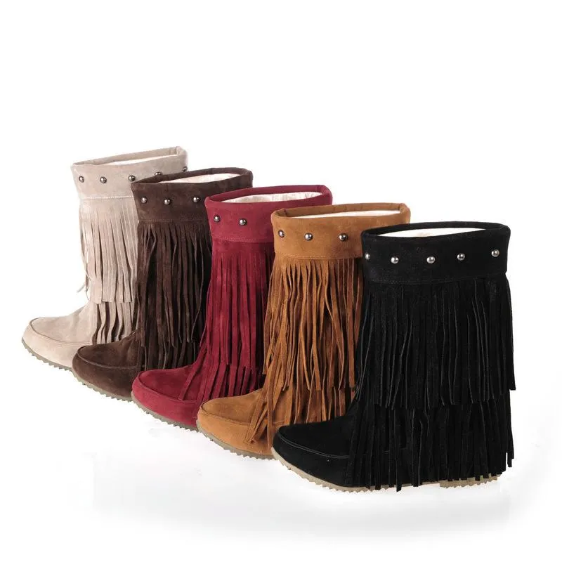 Women studded mid calf slip on fringe boots