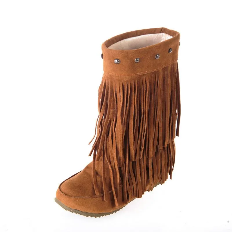 Women studded mid calf slip on fringe boots