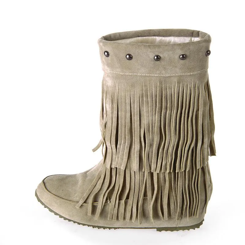 Women studded mid calf slip on fringe boots