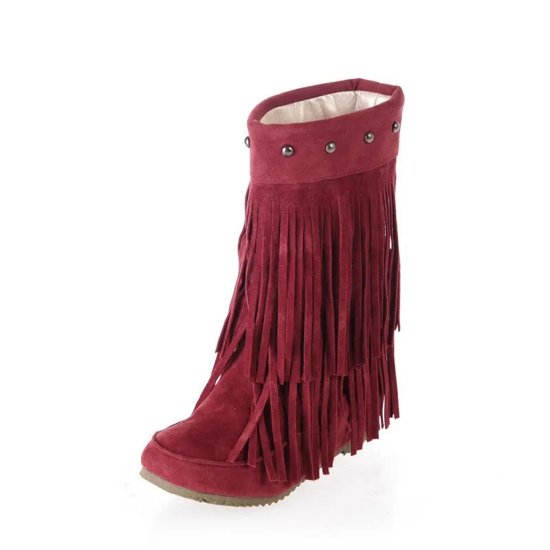 Women studded mid calf slip on fringe boots