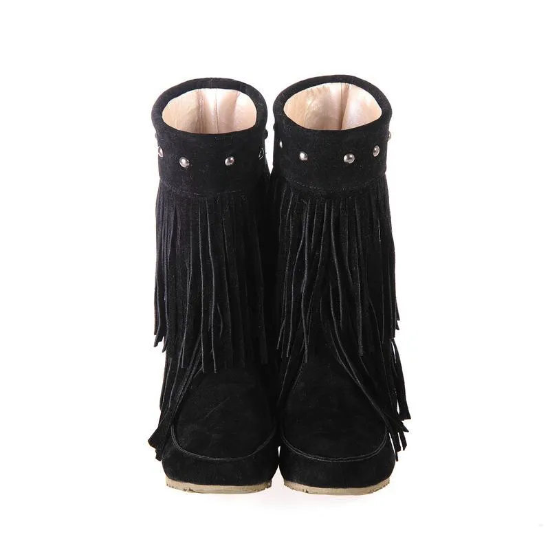 Women studded mid calf slip on fringe boots