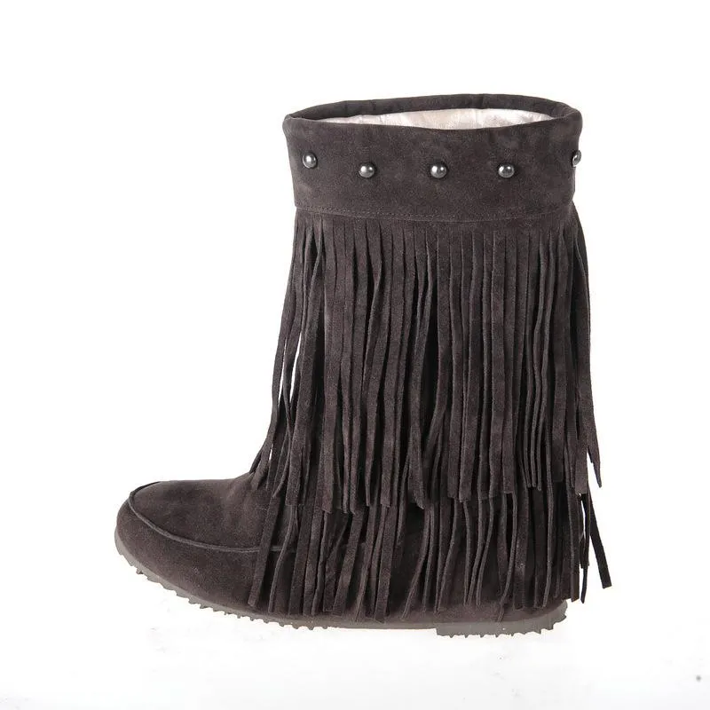 Women studded mid calf slip on fringe boots