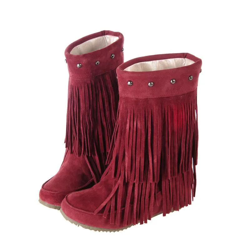 Women studded mid calf slip on fringe boots