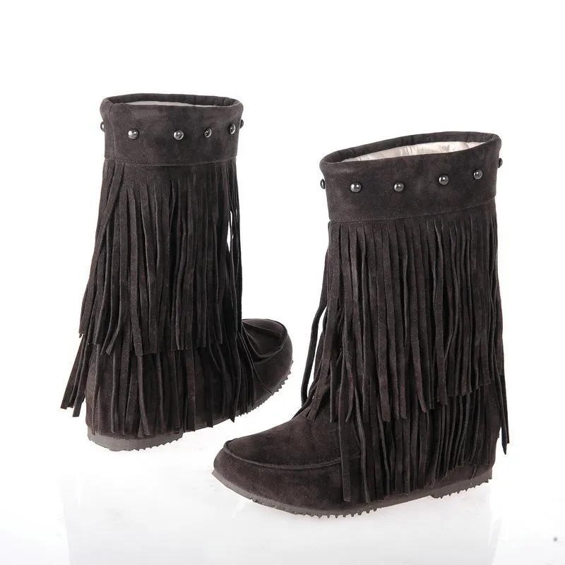 Women studded mid calf slip on fringe boots