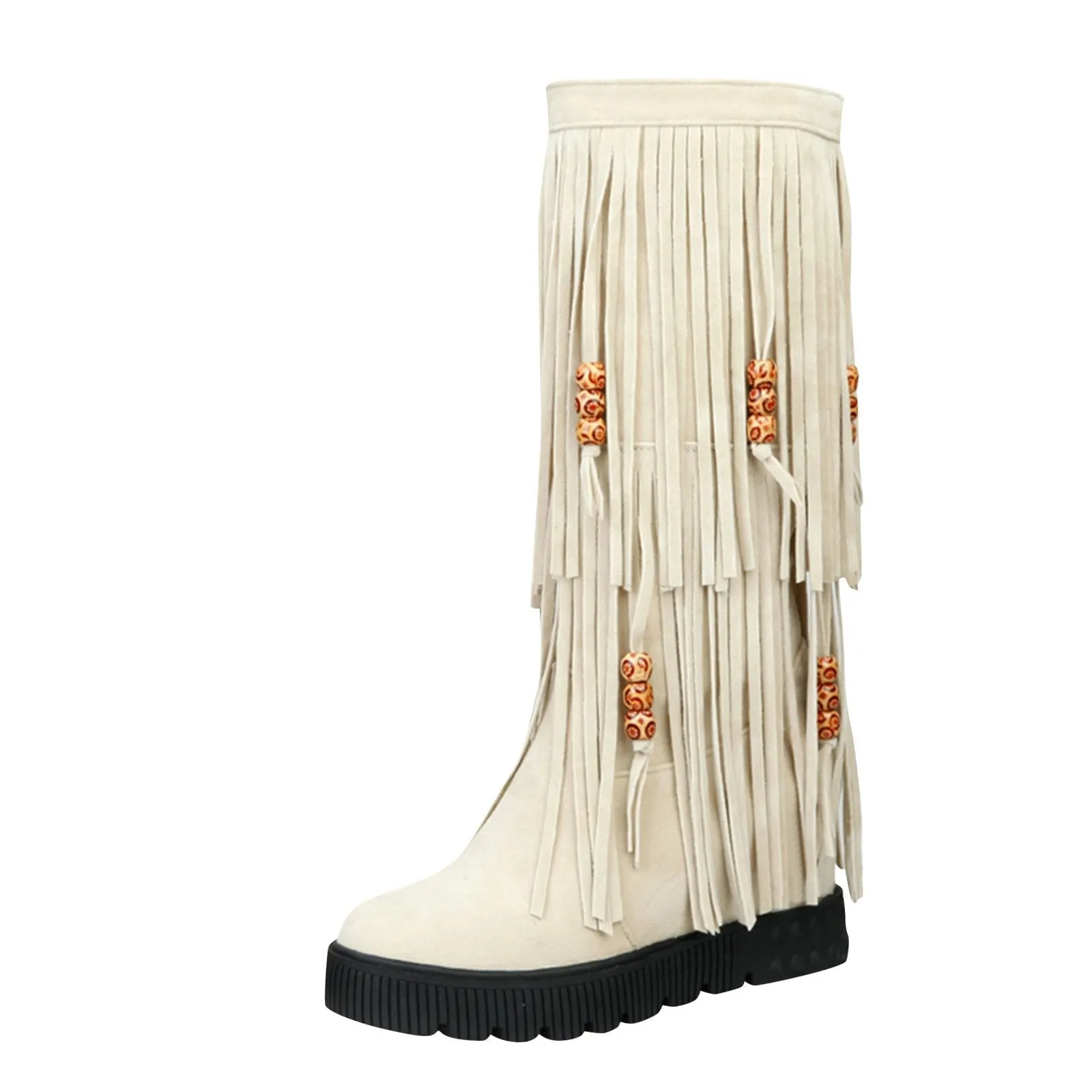 Women winter knee high flat slip on fringe boots