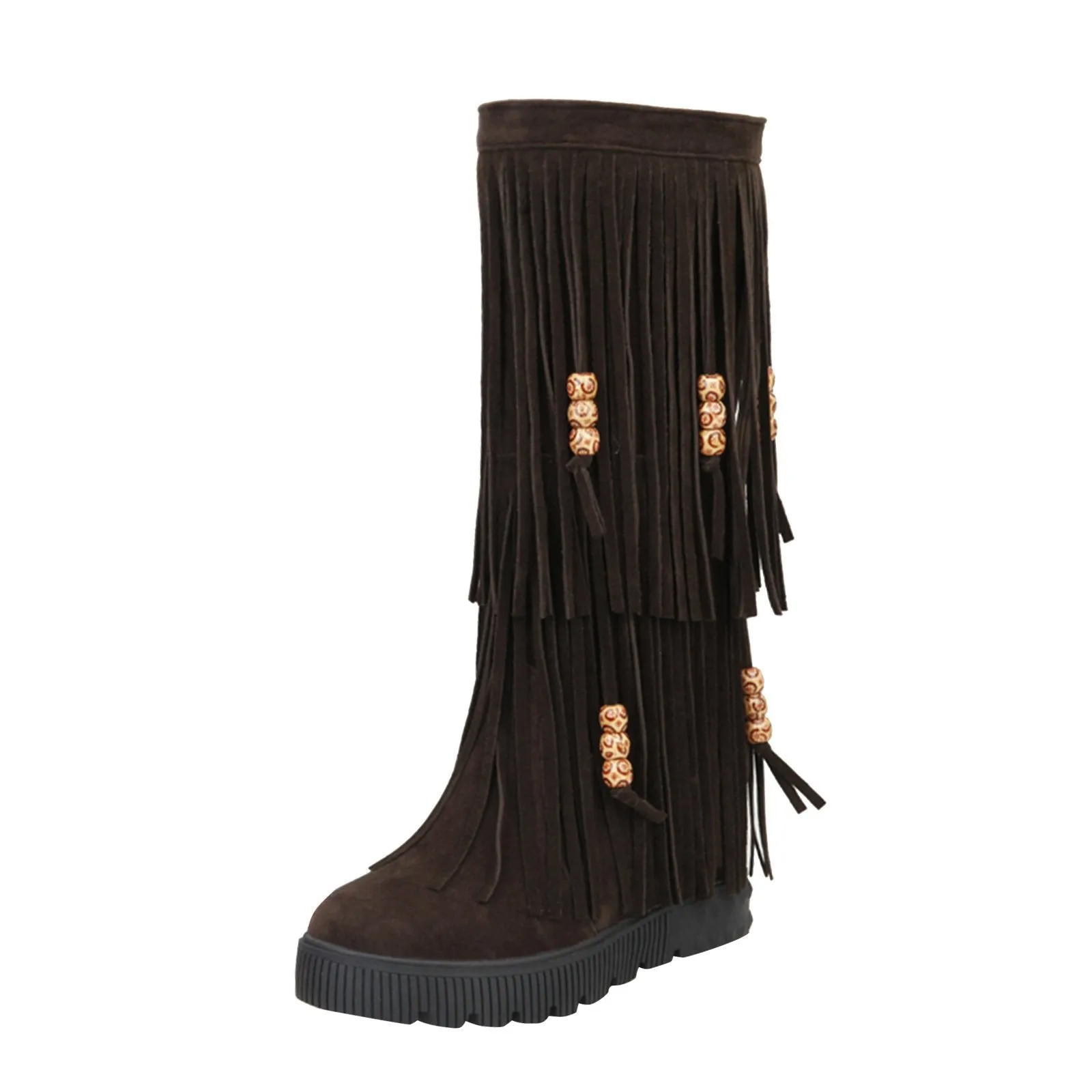 Women winter knee high flat slip on fringe boots