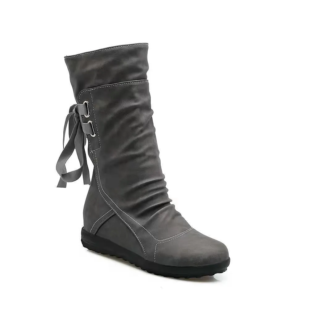 Women winter mid calf slouch back lace up flat boots