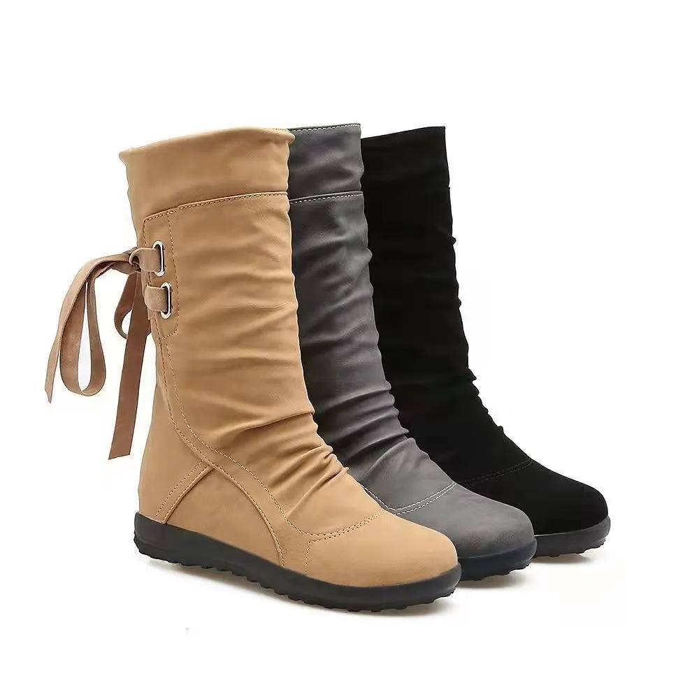 Women winter mid calf slouch back lace up flat boots