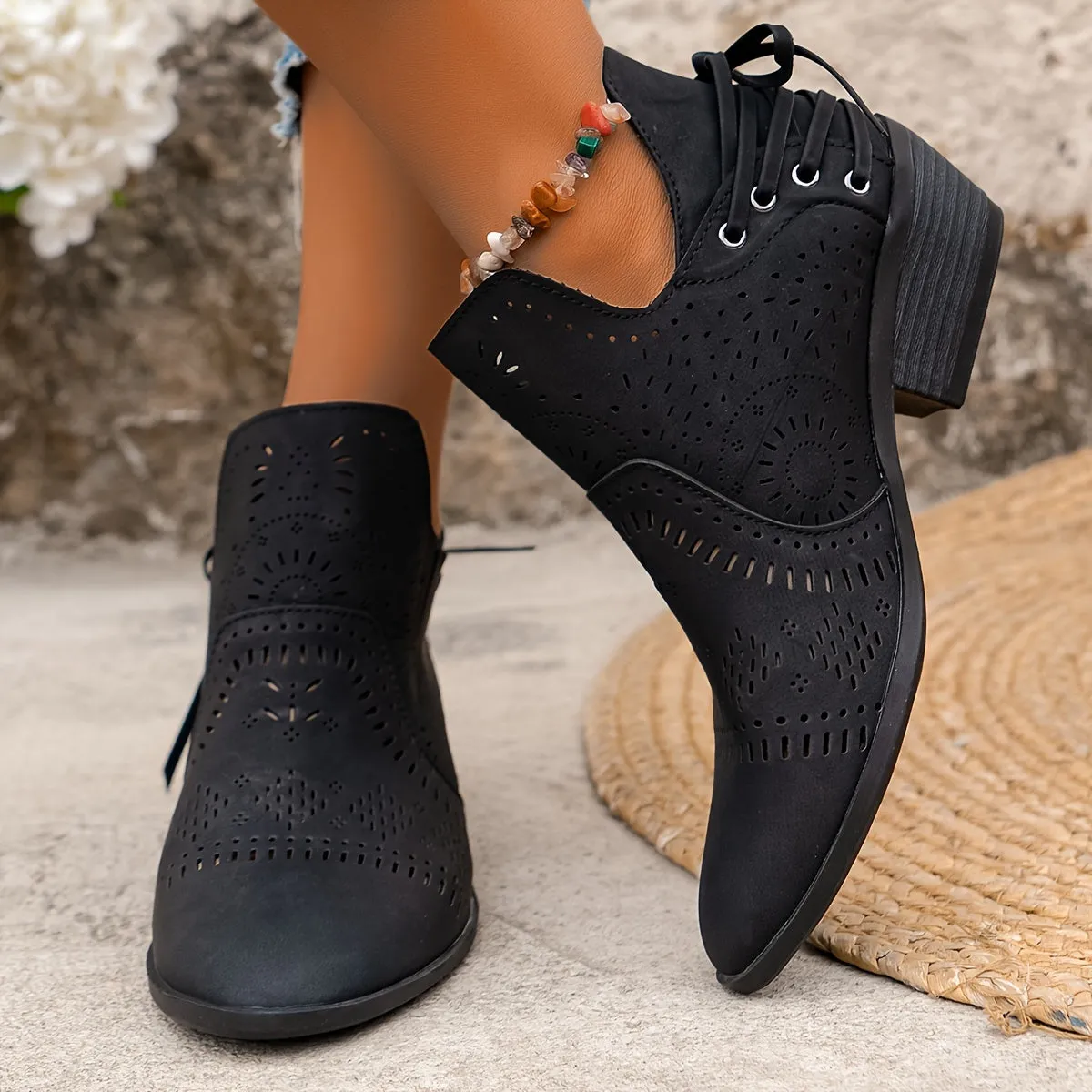 Women's Solid Color Chunky Heel Boots, Fashion Hollow Out Design Ankle Boots, Women's Comfortable Boots