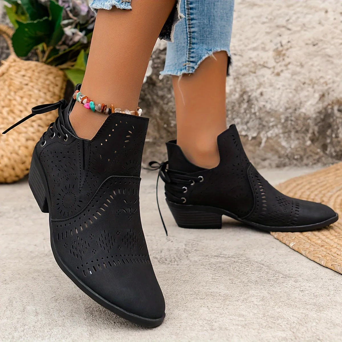 Women's Solid Color Chunky Heel Boots, Fashion Hollow Out Design Ankle Boots, Women's Comfortable Boots